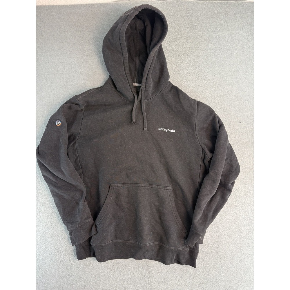 Patagonia Hoodie Mens Large Black Pullover Fleece Sweatshirt Logo Sleeve Patch
